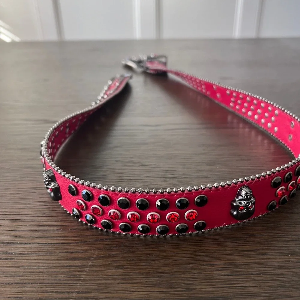 Hot Pink Red Rhinestone Skull Buckle‎ Western Sparkly Belt Women's Belt